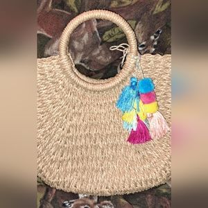 Ladies Wicker Tote 16” x 10” with 4.5’ Handles HAND Woven Pom Pom Beachy